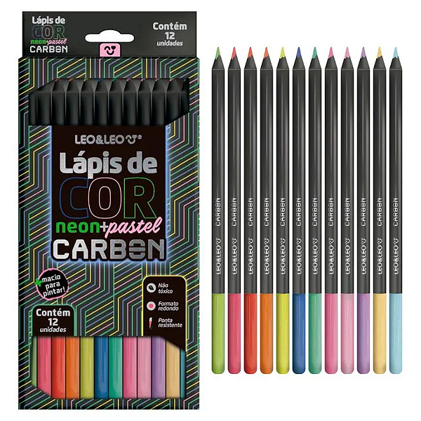 Lápis de cor 12 cores Carbon (NEON + PASTEL) REDONDO - LEO E LEO