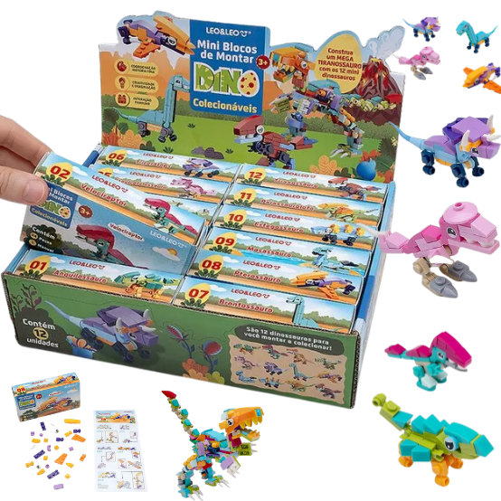 Bloco de montar MINI DINO - CAIXA 12 UND  - LEO E LEO