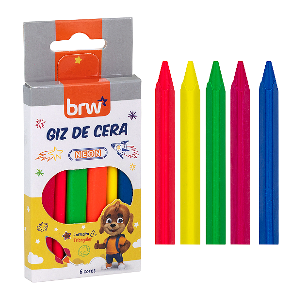 Giz de cera longo 6 CORES NEON - CX C/ 6 CORES - BRW