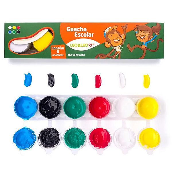 Tinta Guache Escolar - CAIXA C/6 CORES - 15ML POR POTE - LEO E LEO