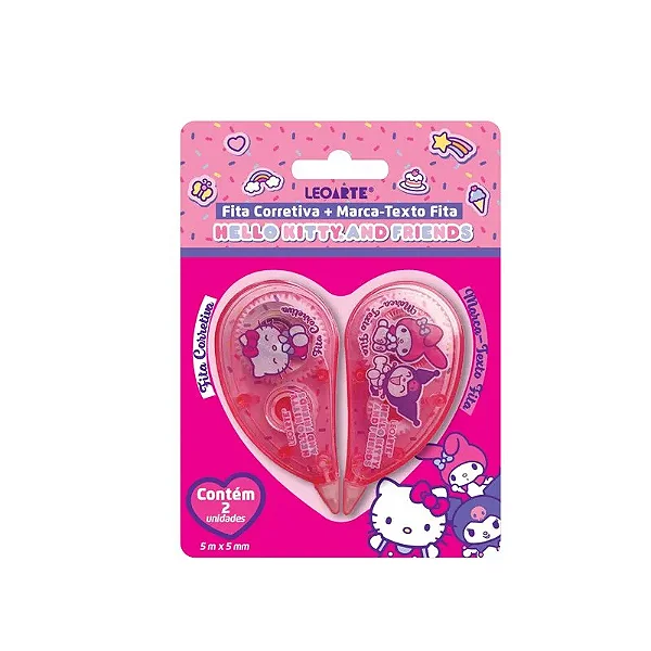 Fita Corretiva + Marca texto FITA 5MMX5M HELLO KITTY E AMIGOS- BLISTER C/ 2 UNID. -  LEOARTE