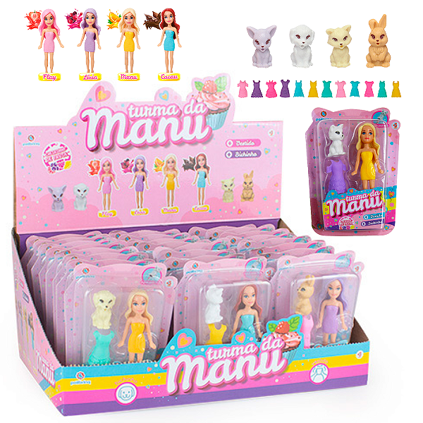 Brinquedo TURMA DA MANU - (1-Boneca 9cm - 1-vestido 1-cachorrinho) - POLIBRINQ
