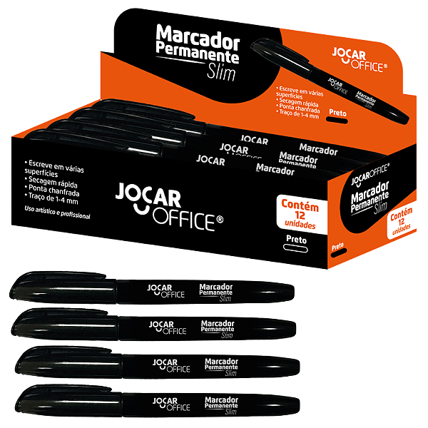 Marcador permanente Ponta Chanfrada PRETO SLIM- CX 12 UND - JOCAR OFFICE