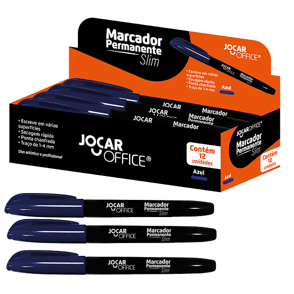Marcador permanente Ponta Chanfrada AZUL SLIM-  CX 12 UND - JOCAR OFFICE