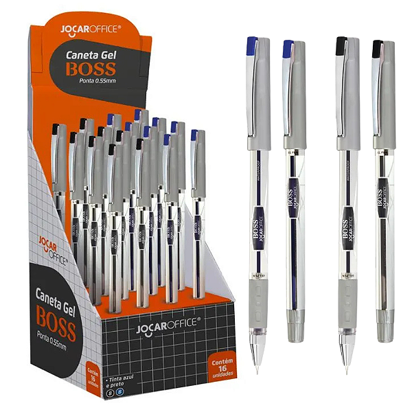 Caneta Gel Boss 0.55 - DISPLAY C/ 16 UND - AZUL E PRETA - JOCAR OFFICE
