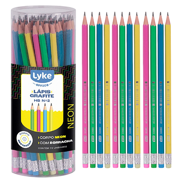 Lápis Grafite N. 2 HB SEXTAVADO NEON - POTE 72 UND - LYKE