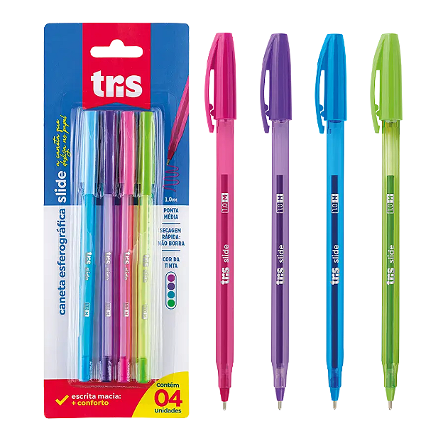Caneta Esferográfica SLIDE 1.0MM FASHION - BLISTER  4 UND - TRIS