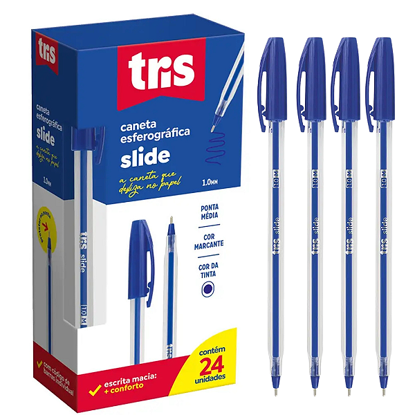Caneta Esferográfica AZUL SLIDE 1.0MM - CAIXA 24 UND - TRIS