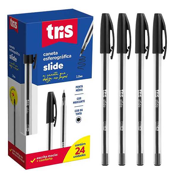 Caneta Esferográfica PRETO SLIDE  1.0MM - CAIXA 24 UND - TRIS