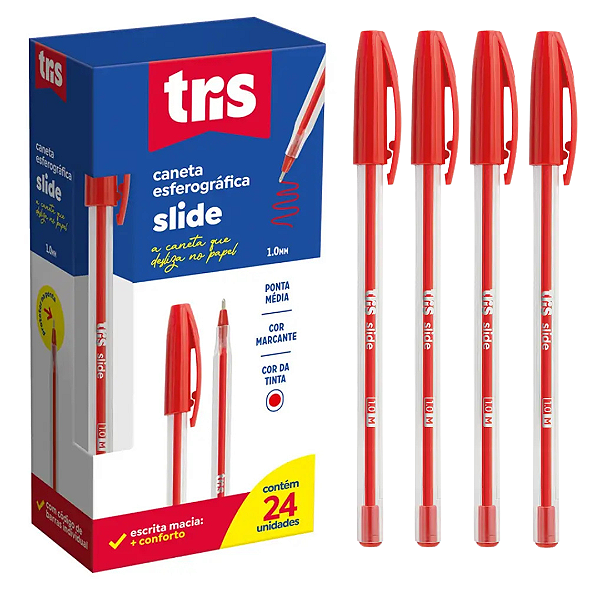 Caneta Esferográfica SLIDE VERMELHO 1.0MM - CAIXA 24 UND - TRIS