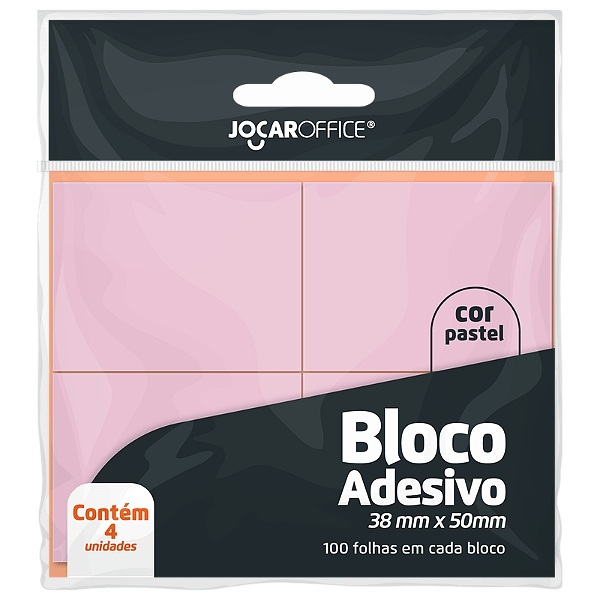 Bloco Adesivo ROSA PASTEL 38MMX50MM - OPPBAG C/ 4 BLOCOS 100F CADA -  JOCAR OFFICE