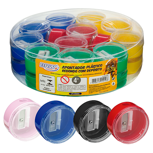 Apontador Plástico REDONDO C/ DEPÓSITO - POTE 24UND - BRW