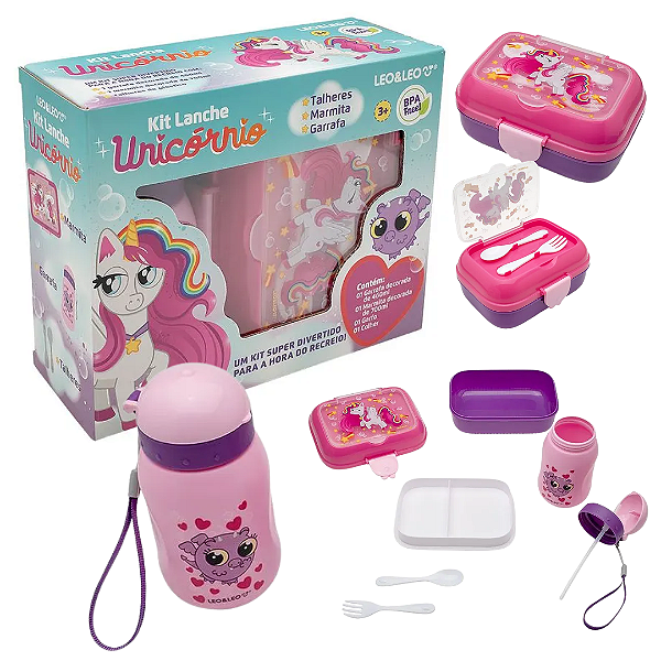 Kit lanche GARRAFA  + MARMITA 700ML UNICORNIO - CAIXA C/ 1 KIT LEO E LEO