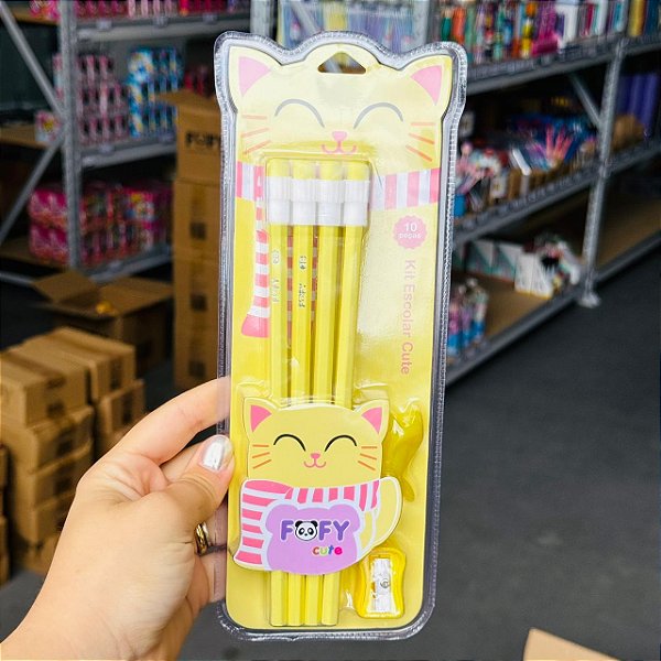 Kit escolar GATINHO AMARELO  - BLISTER 10 PEÇAS  - FOFY