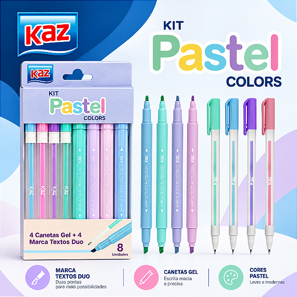 Kit Escolar 4 Marca textos + 4 Canetas em GEL- TONS PASTEL - KAZ