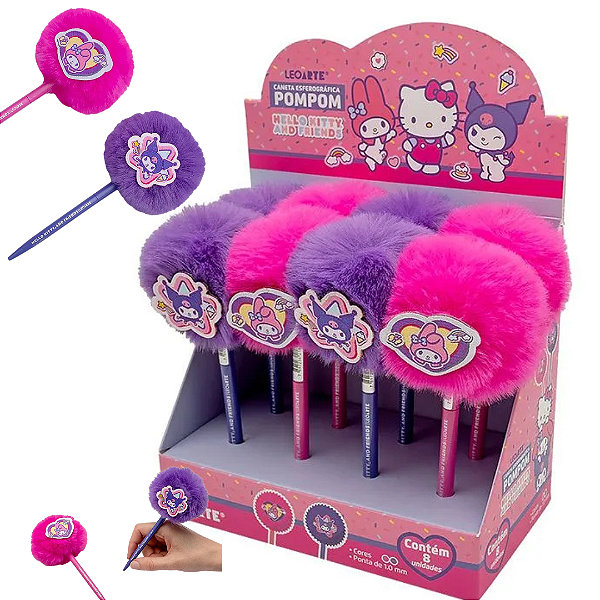 Caneta Pompom c/Aplique HELLO KITTY E AMIGOS - DISPLAY C/ 8 UND -  LEOARTE
