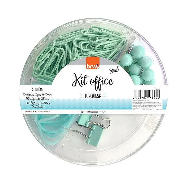 Kit Office DONUTS - CLIPES/BINDER/ALFINETE/ELÁSTICO - Verde àgua - BRW