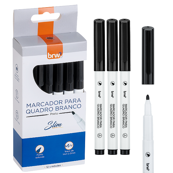 Marcador Quadro Branco SLIM PRETO - CAIXA C/ 12UND - BRW