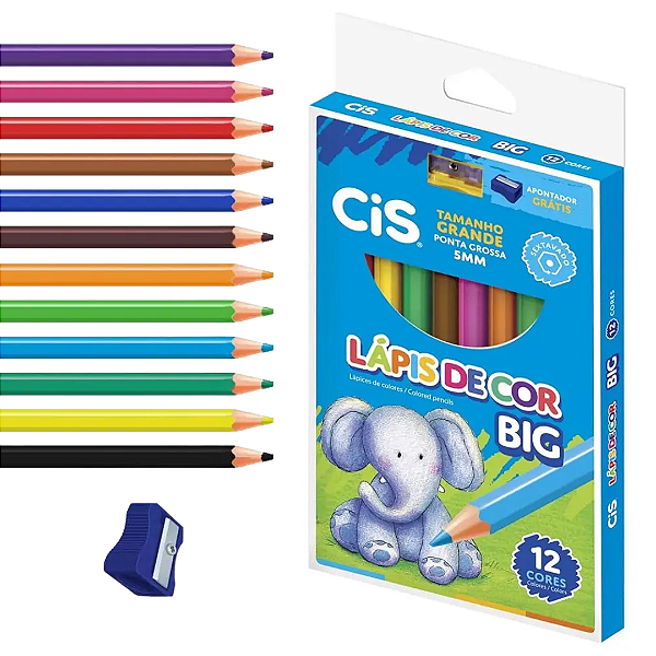Lapis de cor 12 cores + Apontador  PLASTIC JUMBO - CIS