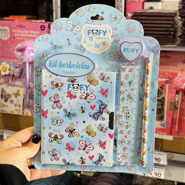 Kit Escolar  BORBOLETAS  AZUL - KIT  4 PECAS  - FOFY