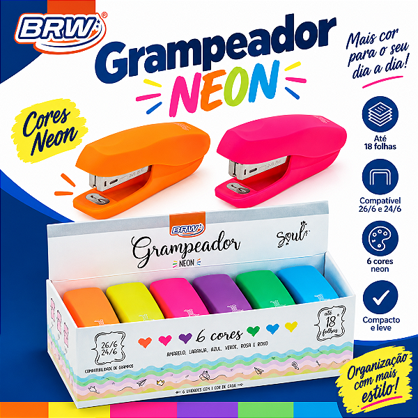 Grampeador Emborrachado 18F  10,7cm  - CORES NEON - DISPLAY C/ 6UND - BRW