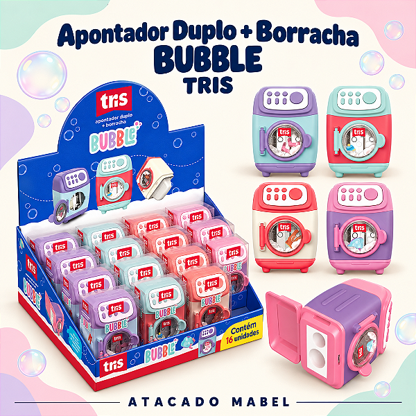 Apontador Duplo com Depósito + Borracha BUBBLE - UND SORTIDA - TRIS