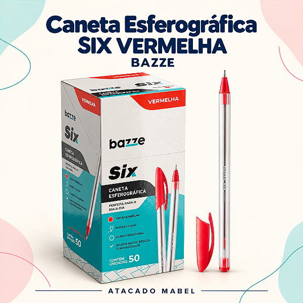 Caneta Esferográfica SIX VERMELHA CX 50UND - BAZZE