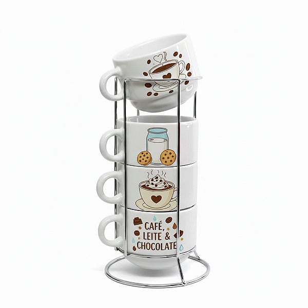 Kit 4 Xicaras de 200ml e Suporte de Metal.