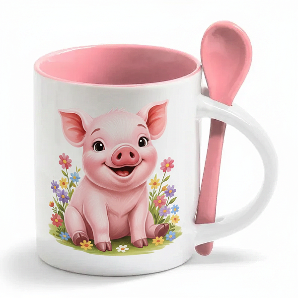 Caneca Reta de Cerâmica Branca com Alça e Interior, Colher Vermelha - 325ml.