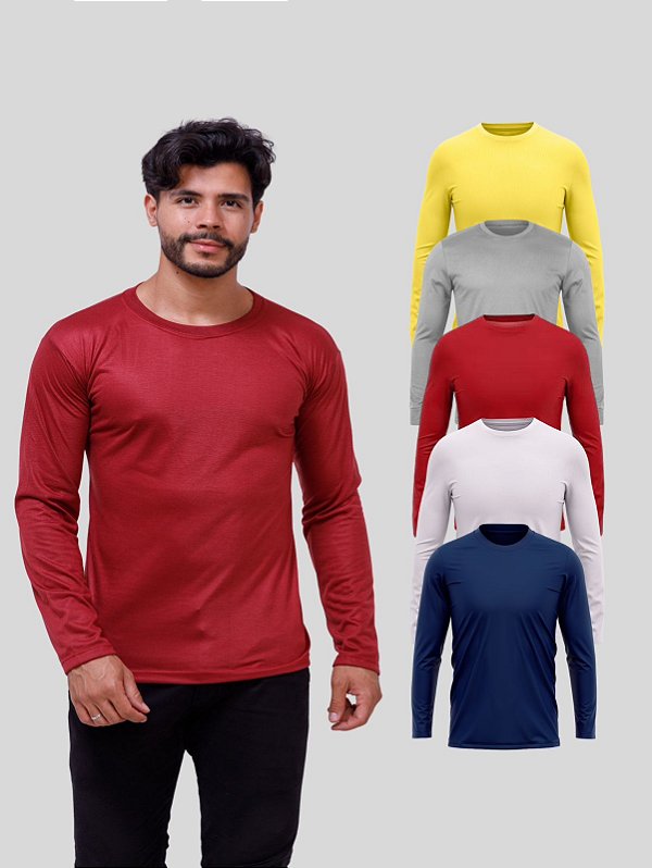 Kit 5 Camiseta Manga Longa 100% Poliéster Cores Sortidas