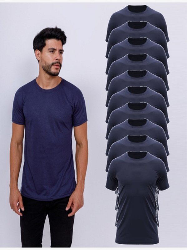Kit Com 10 Camisetas Lisas Básicas 100% Poliéster Azul Marinho