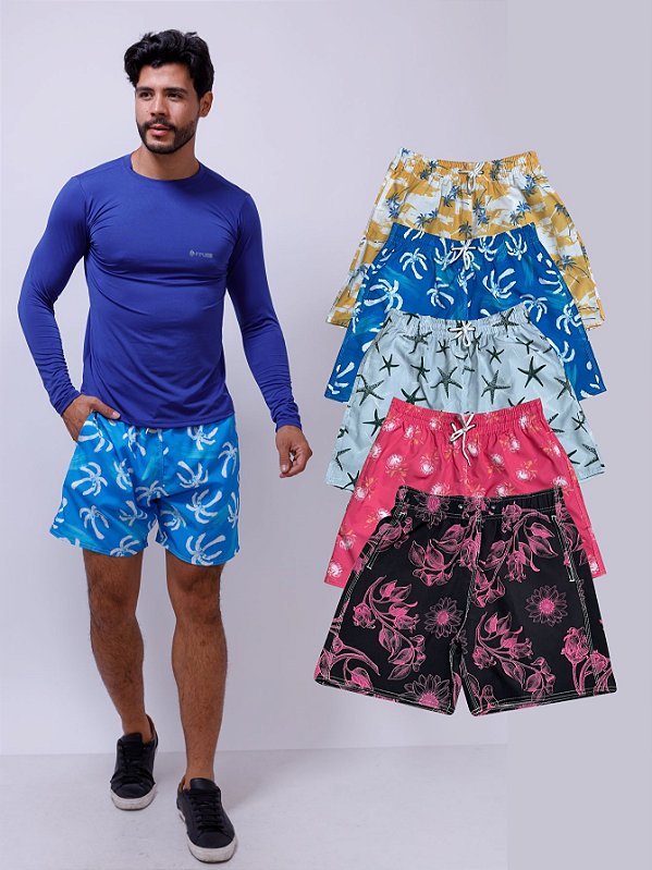Kit Com 5 Bermudas Tactel Masculina Cores/Estampas Sortidas