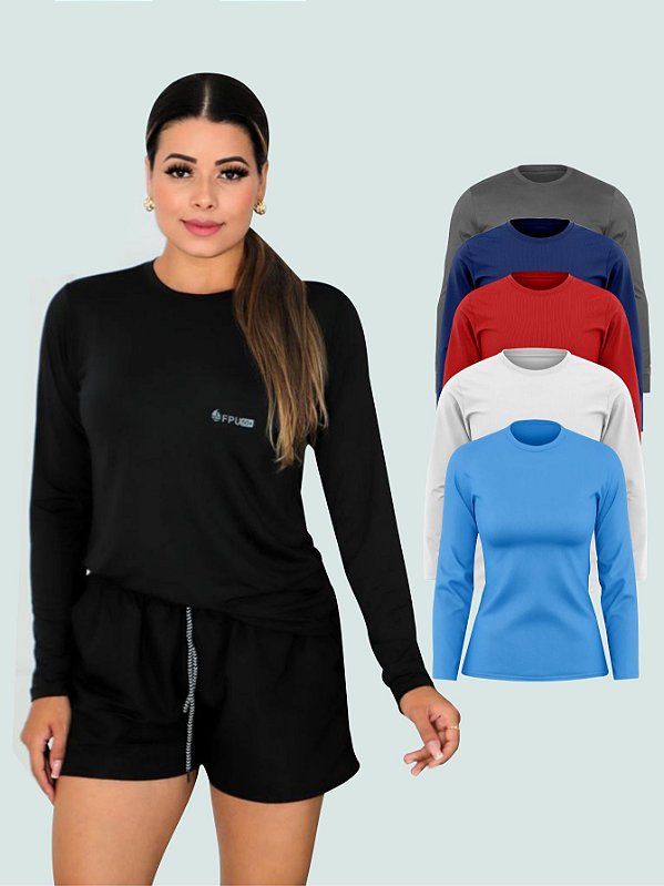 Kit Com 5 Camisetas Lisa Manga Longa Proteção UV Feminina Coloridas