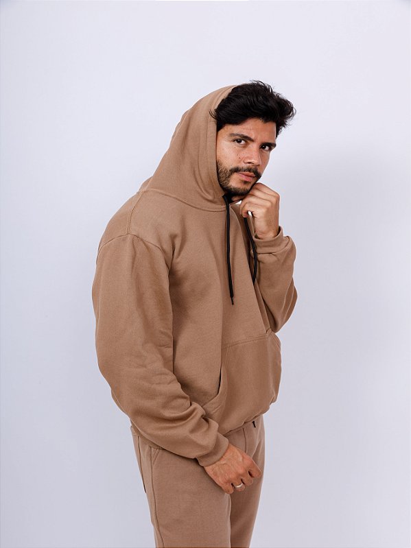 Kit Conjunto Moletom Canguru Flanelado Básico Esportivo Caqui