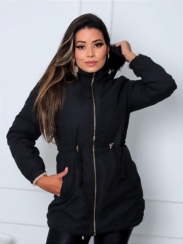 Jaqueta ParKa Sarja Feminina Dupla Face Preta
