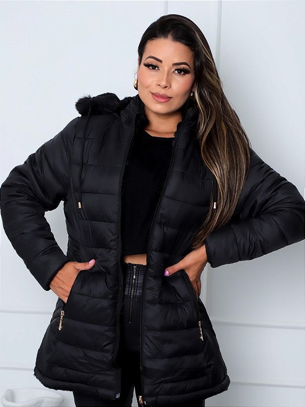 Jaqueta ParKa Feminina Dupla Face Nylon/Peluciada Preto