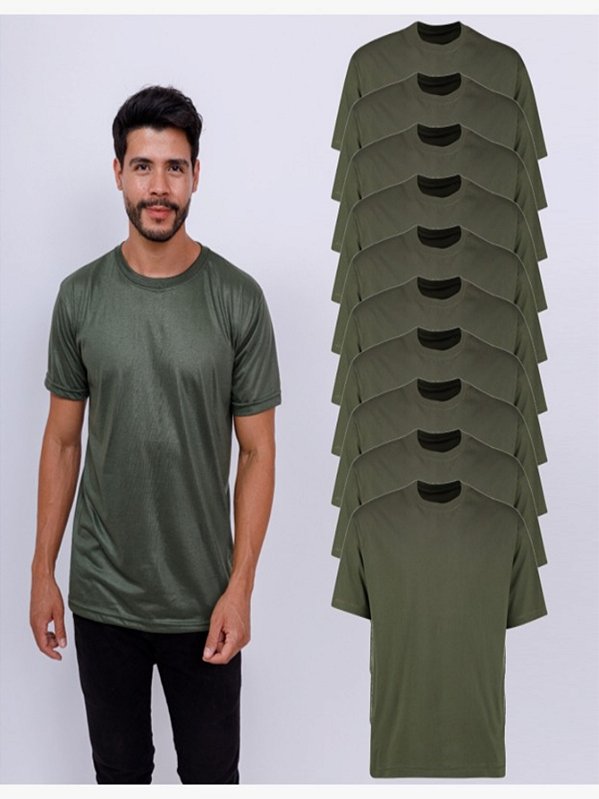 Kit 10 Camisetas Básicas Lisa Manga Curta 100% Poliéster Verde Militar
