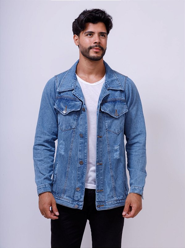 Jaqueta Jeans Destroyed Masculina Com Bolso