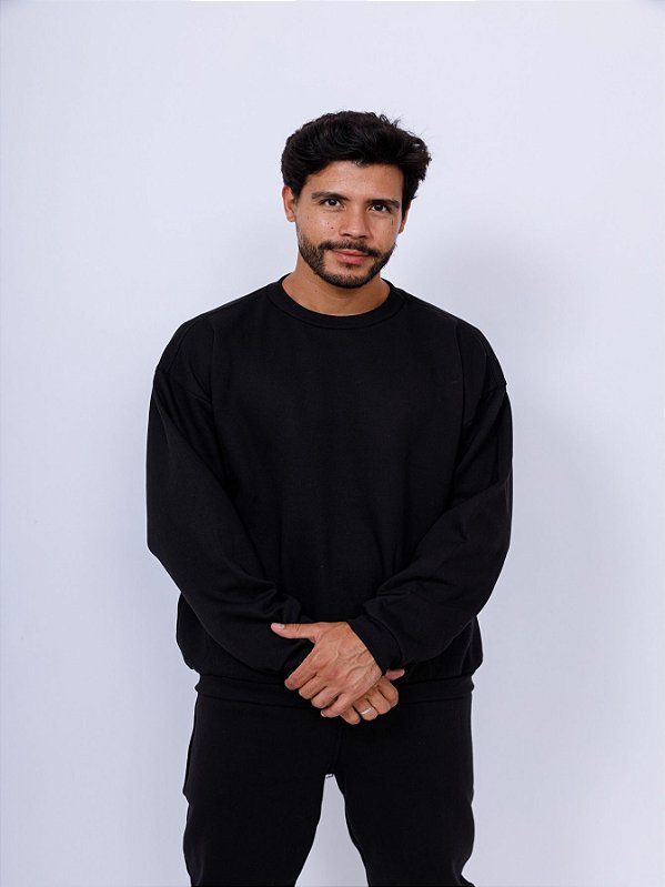 Moletom Masculino Gola Careca Com Punho Preto