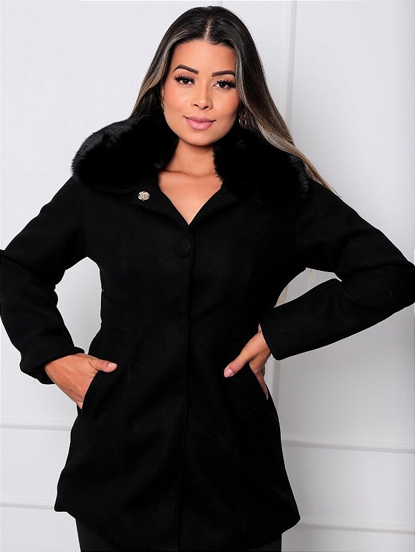 Casaco Parka Lã Batida Botão Forrado Gola Pelúcia Removível - Preto