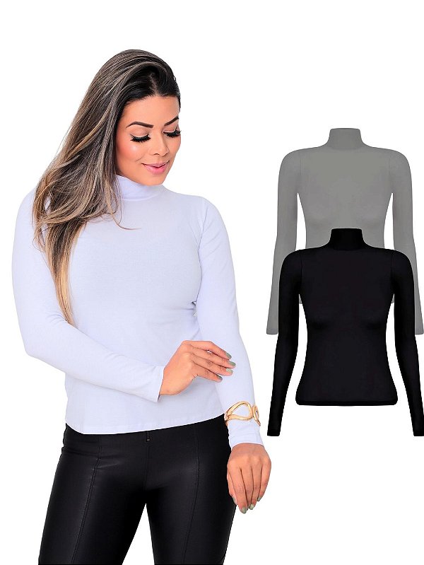 Kit 3 Blusas Femininas Manga Longa Gola Alta Viscolycra