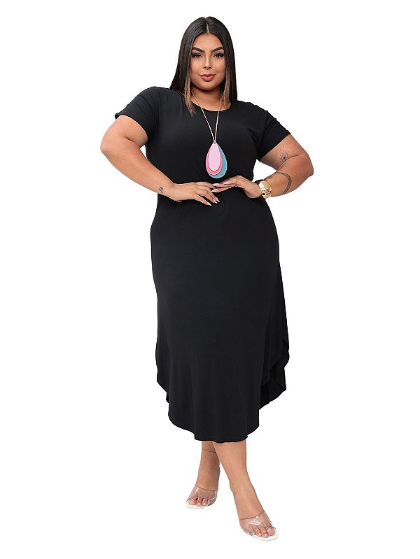 Vestido Camiseta Maxi Longo com Fendas Plus Size