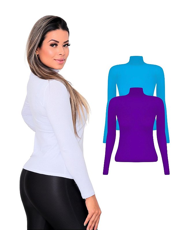Kit 2 Blusas Femininas Manga Longa Gola Alta Colorido