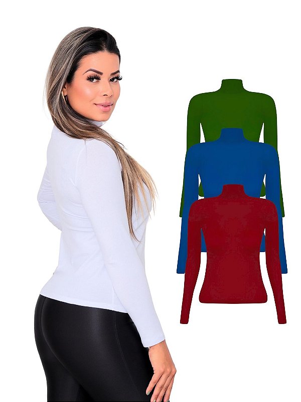 Kit 3 Blusas Femininas Manga Longa Gola Alta Colorido