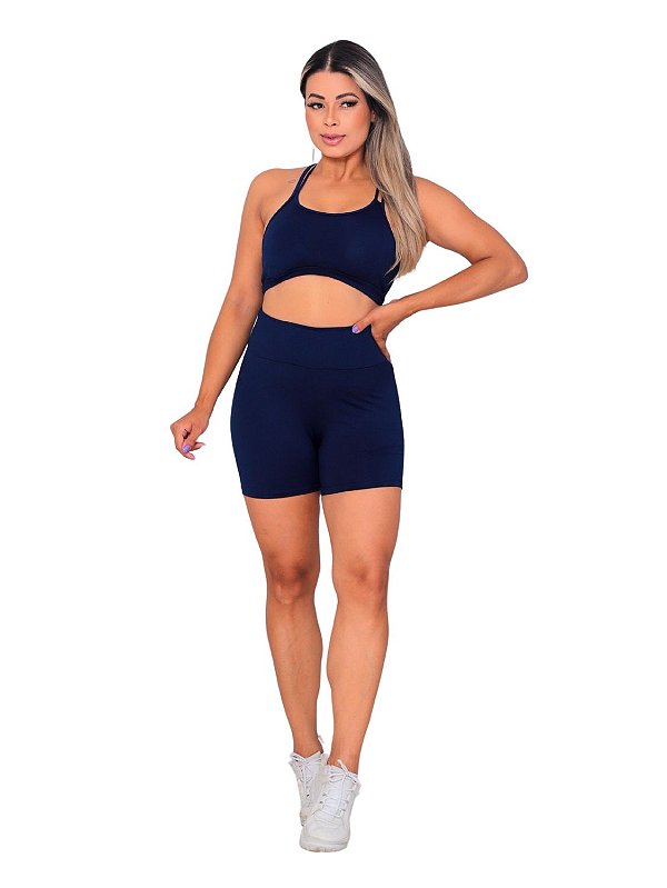 Conjunto Academia Fitness Top Alcinha com Bojo Short Marinho