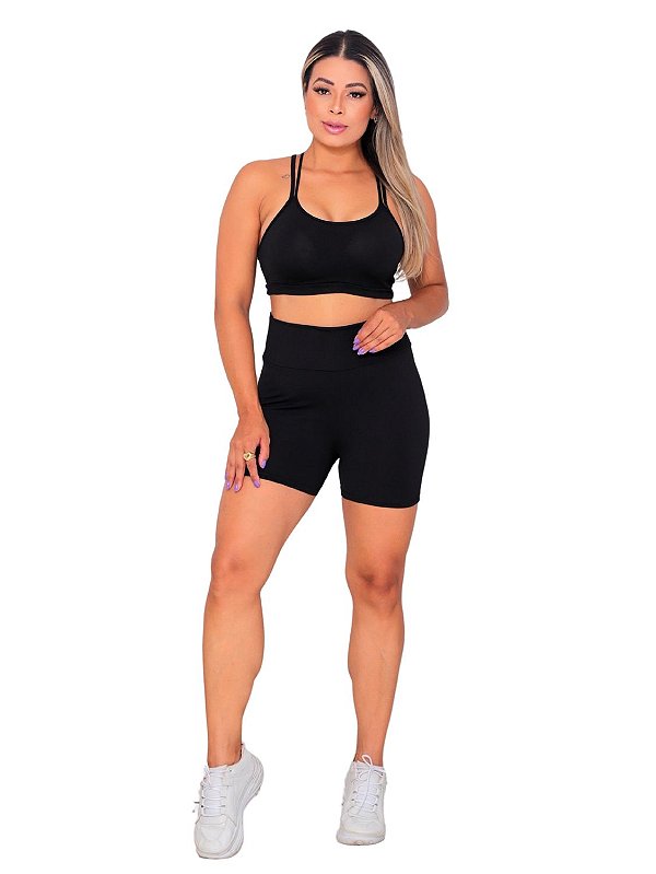 Conjunto Academia Fitness Top Alcinha com Bojo e Short Preto