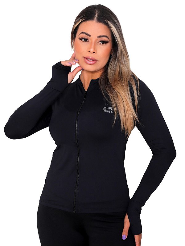 Jaqueta Casaco UV Proteção FPU50 Com Zíper Feminino Preto