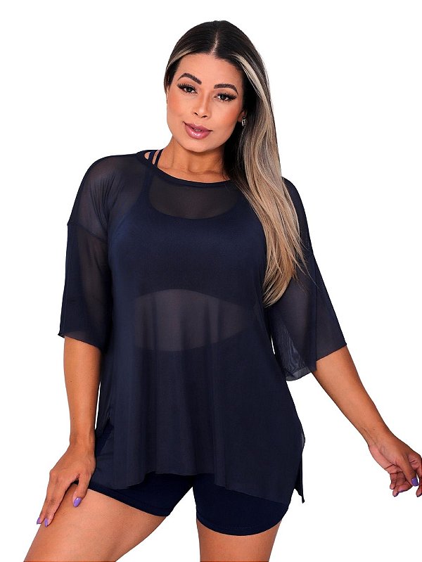 Blusa Tule Feminina Fitness Academia Manga Curta Marinho