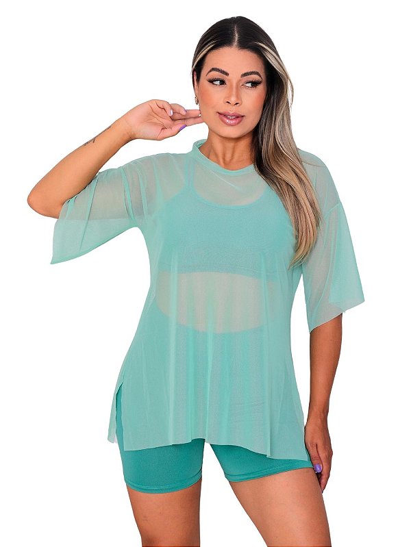 Blusa Tule Feminina Fitness Academia Manga Curta Verde