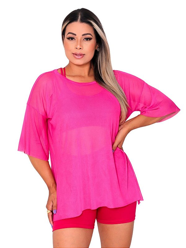 Blusa Tule Feminina Fitness Academia Manga Curta Rosa Pink